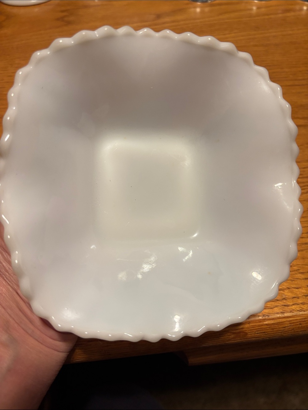 Mid Century Crimped Scalloped White Milk Glass Scalloped Bowl